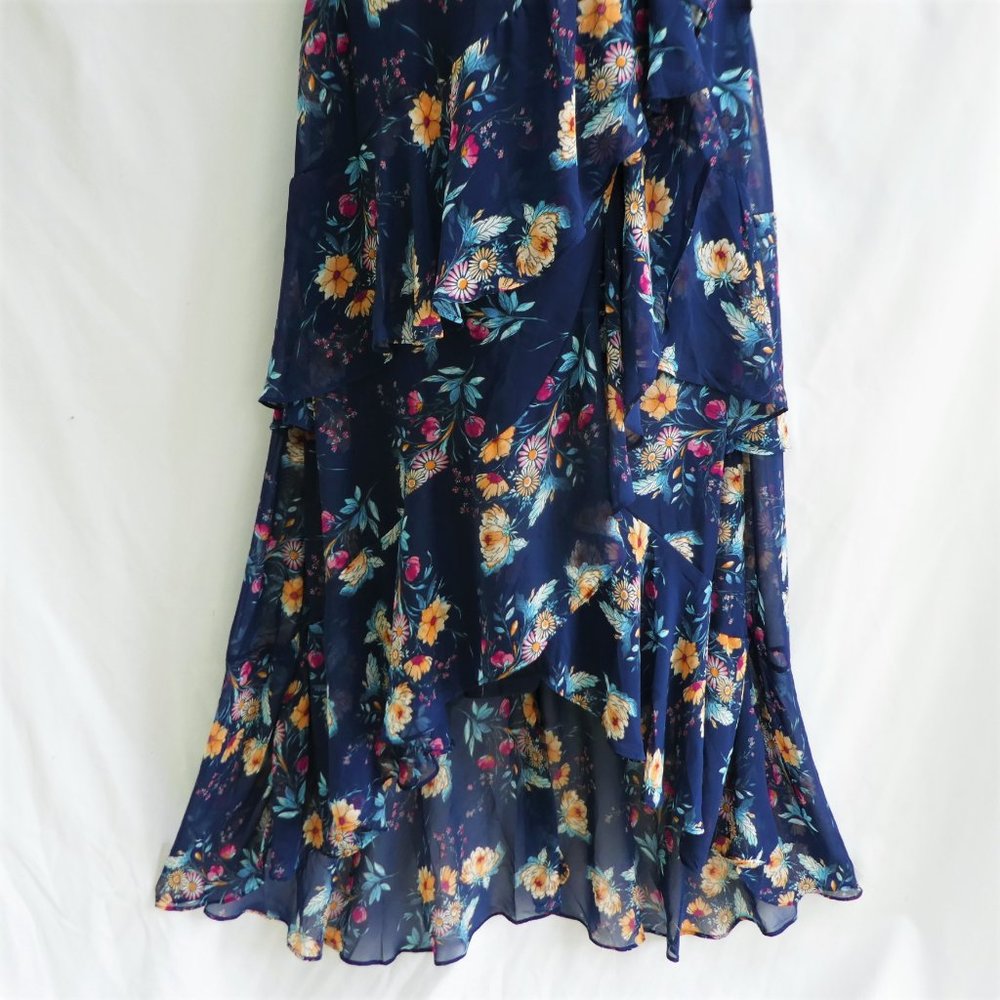 NEW Lulus Maxi Surplice Dress Navy Floral Hippie Boho Prom Halter Lined Zip Back - Picture 5 of 10